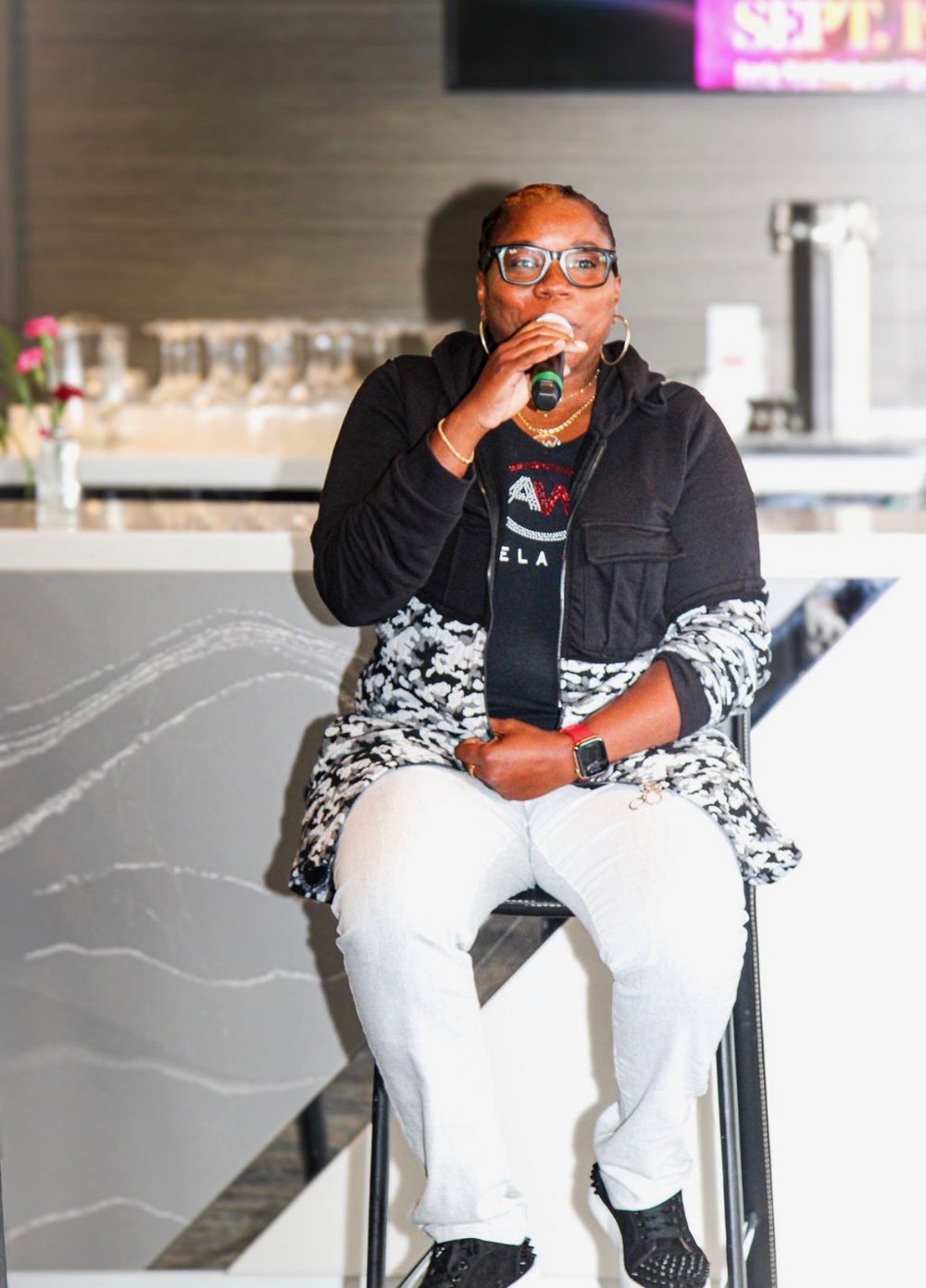 Angela Wright speaking on the In Full Bloom panel